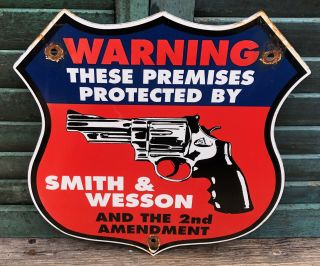 Vintage Old Since 1852 Protected By Smith And Wesson Porcelain Gun Sign Ammo