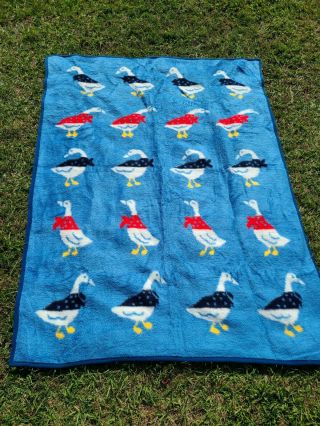Vintage Crown Craft Plush Reversible Blanket Ducks Made In Yugoslavia 1986 60x80