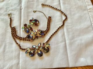 Vintage Purple/ab Rhinestone; W/gold Leaf Accent Necklace/bracelet/earrings Set