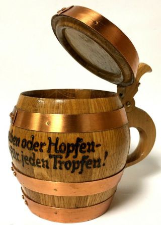 Vintage Wooden Lidded German Beer Stein Wood Tankard Mug W/ Copper Band