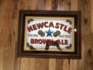 Vintage Newcastle Brown Ale Beer Sign Mirror Glass Wood Breweriana Bar 21x16