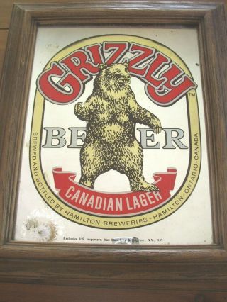 Grizzly Canadian Lager Vintage Wood Framed,  Mirrored Beer Bar Sign