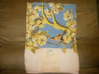 Vtg Nos California Hand Prints Tablecloth 54  Dogwood " Birds Del Mar Cloth Tags