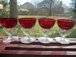 4 Vintage Morgantown Ruby Red & Clear Chanticleer Rooster Cocktail Goblets