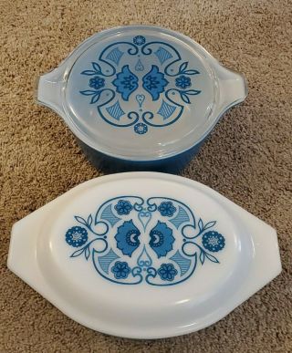 Vintage Pyrex Blue Horizon 043 & 474 1 1/2 Qt Baking Dish With Lids
