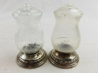 2 (two) Quaker Silver Co Sterling Silver/etched Glass Salt & Pepper Shakers