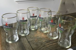 Heineken Beer Glasses - Set Of Six - 5”tall Red Windmill Gold Trim