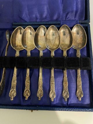 Vintage Spoon And Tong Set - Decorated Tea/Dessert Spoons With Case 12cm Long 2