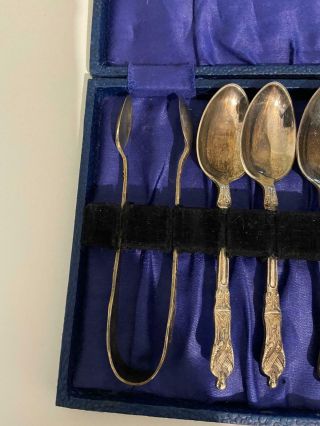Vintage Spoon And Tong Set - Decorated Tea/Dessert Spoons With Case 12cm Long 3