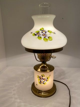 Vintage Hand Painted Milk Glass And Brass Hurricane Lamp