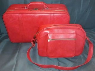 Set Of Vintage American Tourister Tiara Red Suitcase And Carry On Bag W/ Key Euc
