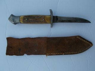 Rare Vintage Black Hawk German Stag Handle Fixed Blade Knife In Leather Sheath