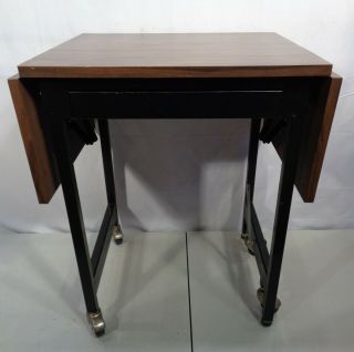 Vtg Mid Century Modern Drop Leaf Rolling Typewriter Stand Table W/drawer