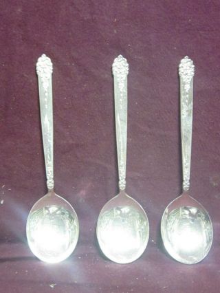 3 Silverplate King Edward National Silver Co.  Moss Rose Gumbo Soup Spoons 7 " Nm