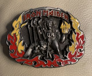Rare Vintage 1982 Iron Maiden Number Of The Beast Enamel & Pewter Belt Buckle