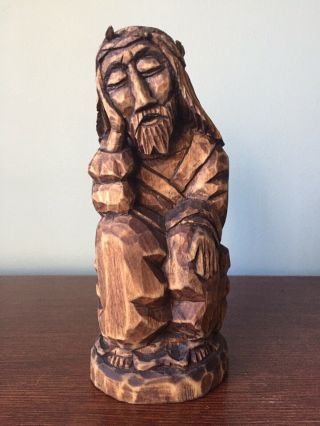 Vintage Folk Art Hand Carved Wood Seated Jesus Crown Of Thorns