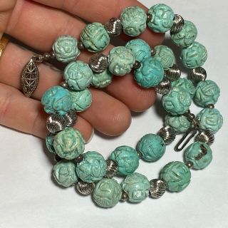Vintage Chinese Carved Tuquoise Stone Beaded Strand Necklace