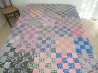 Vintage Feed Sack Hand Pieced Double Four Patch Quilt Top; 75 " X 62 "