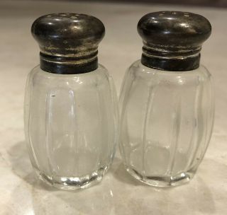 Antique Vintage Estate Glass Topped Sterling Silver Salt And Pepper Shaker Set