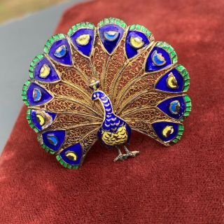 Vintage Gold Gilt Filigree Silver Enamel Peacock Pin Brooch Made in Portugal 2