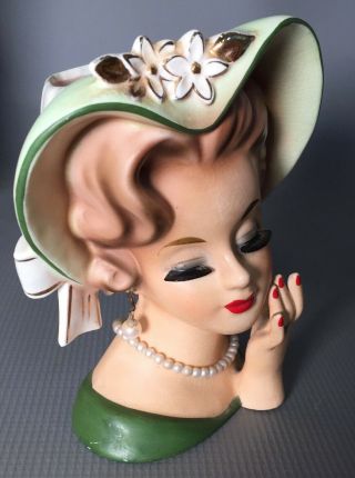 Vintage Head Vase 5 1/2 " Rubens 484 Green Dress Light Green Hat Pearl Necklace