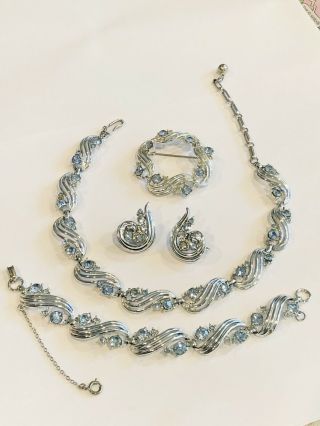 Vtg Marked Coro Silver Tone Blue Rhinestone Necklace Earrings Bracelet Pin Set