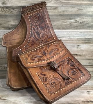 Vintage Western Style Embossed Leather Saddle Bags