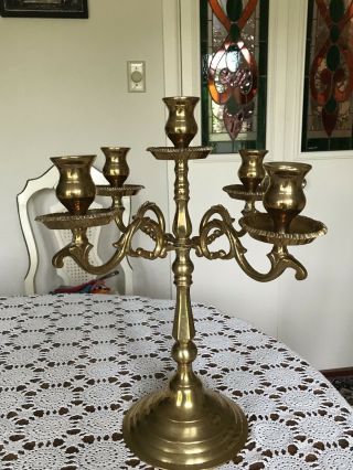 Vintage - 17” Brass Candelabra - 5 Candle - 4 Arm Brass Candle Holder - Made In India