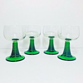 4x Roemer Wine Glasses Goblet Green Coil Bee Hive Stem Luminarc France 4.  5”