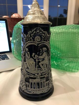 German Lidded Beer Stein Mug West Germany Ceramic Cobalt Blue