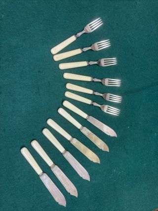 Vintage Bone Handle Set Of 6 Fish Knives And Forks Epns Boxed