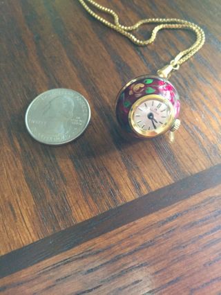 Vintage Bucherer Red Enamel Pendant Ball Globe Watch With Chain.