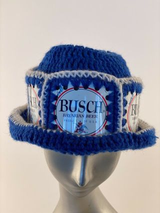 Vintage Busch Light Bavarian Beer Can Knitted Crochet Party Hat Cap Blue White