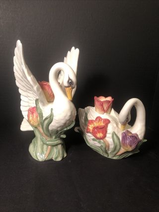 Vintage Fitz And Floyd Classics Floral Swans With Tulip Candle Holders