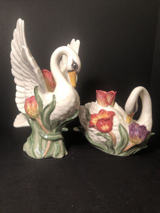 Vintage Fitz and Floyd Classics Floral Swans With Tulip Candle Holders 2