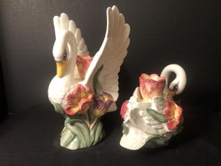 Vintage Fitz and Floyd Classics Floral Swans With Tulip Candle Holders 3