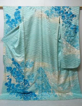 0114h03z1580 Vintage Japanese Kimono Silk Furisode Light Blue Chrysanthemum