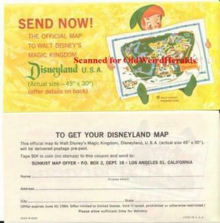 Disneyland Map Offer Form 1964 Disney Premium Sunkist Orange Juice Nmt