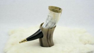 Viking Cow Horn Drinking Horn With Ornate Metal Bands With Horn Stand