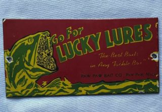 Vintage Lucky Lures Paw Porcelain Sign Car Gas Oil Truck Gasoline Fishing Hunt