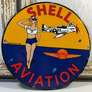 Vintage Porcelain Shell Aviation Gasoline Oil Gas Pump Sign Service Station