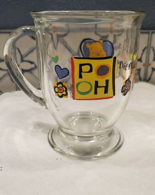 Disney Winnie The Pooh Anchor Hocking Glass Pedestal Coffee Mug Cup Big Hearts