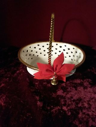 Vintage,  Porcelain Weave Basket With Gold Tone Handle And Trim