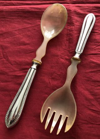Vintage Horn Salad Servers With Silver Plated Handles C.  1930’s