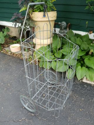 Vintage Rolling Market Cart Metal Wire Shopping Foldable Portable W/wheels