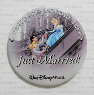 2006 Disney World Cinderella Prince Charming Just Married Wedding Castle Button