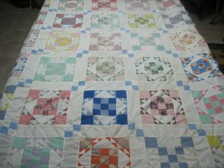 Vtg Hand Stitched Feed Sack Quilt Top 9 - Block Triangle Pattern 1940 
