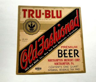 Vintage Irtp Tru Blu Old Fashioned Beer Quart Bottle Label Northampton Brg Pa
