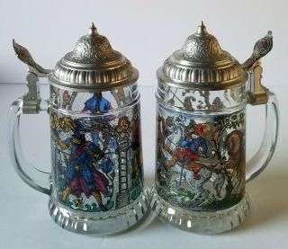 2 Vintage Bmf Painted Glass Beer Stein Mugs With Pewter Lids W Germany