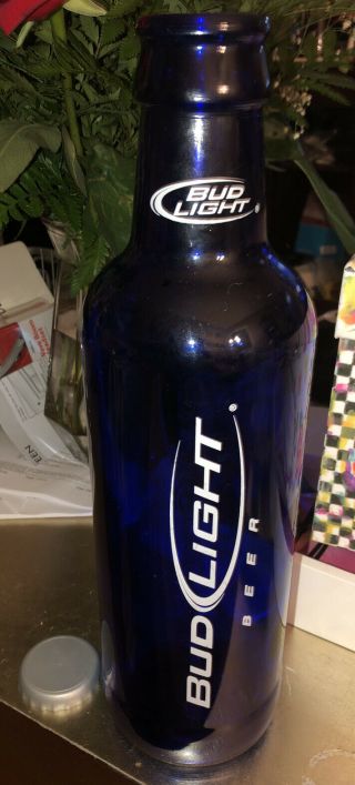 Extra Large Bud Light Cobalt Blue Glass Beer Advertising Bottle With Cap 14.  5”